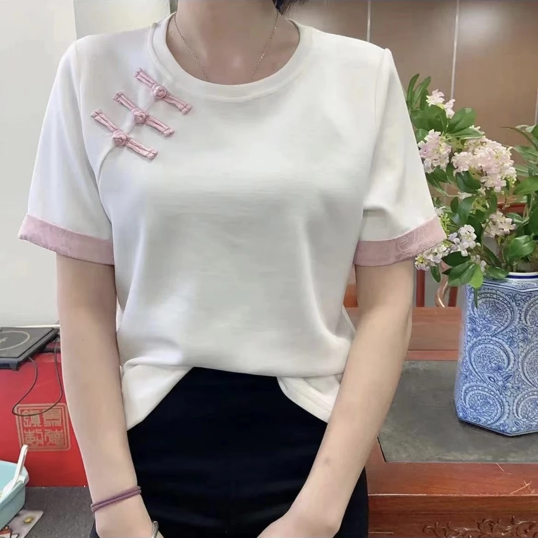 【国风半袖】刺绣盘口时尚百搭圆领撞色显气质设计感拼色夏季t恤