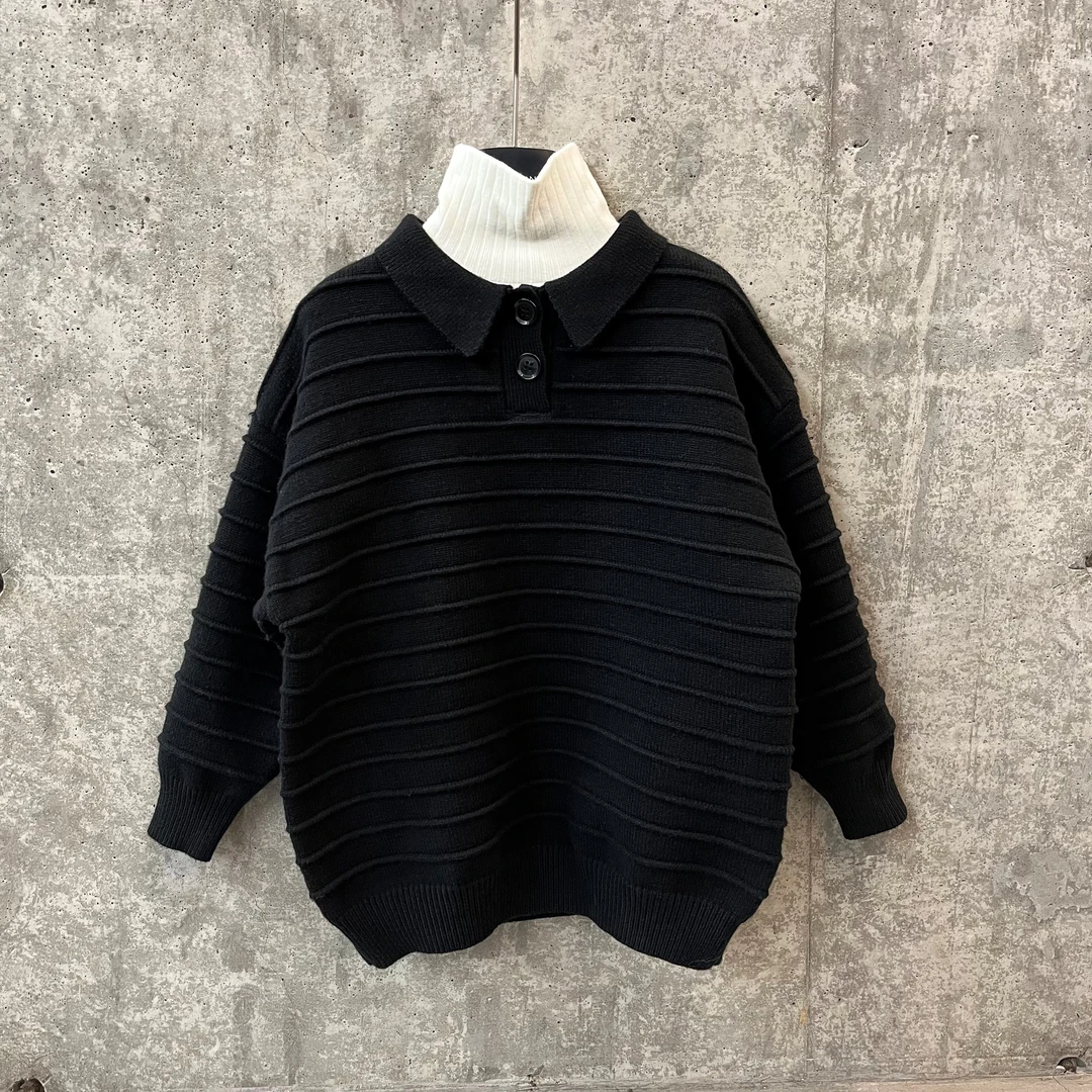 8823 翻领儿童学院风针织毛衣休闲时尚百搭黑色韩版套头秋冬条纹