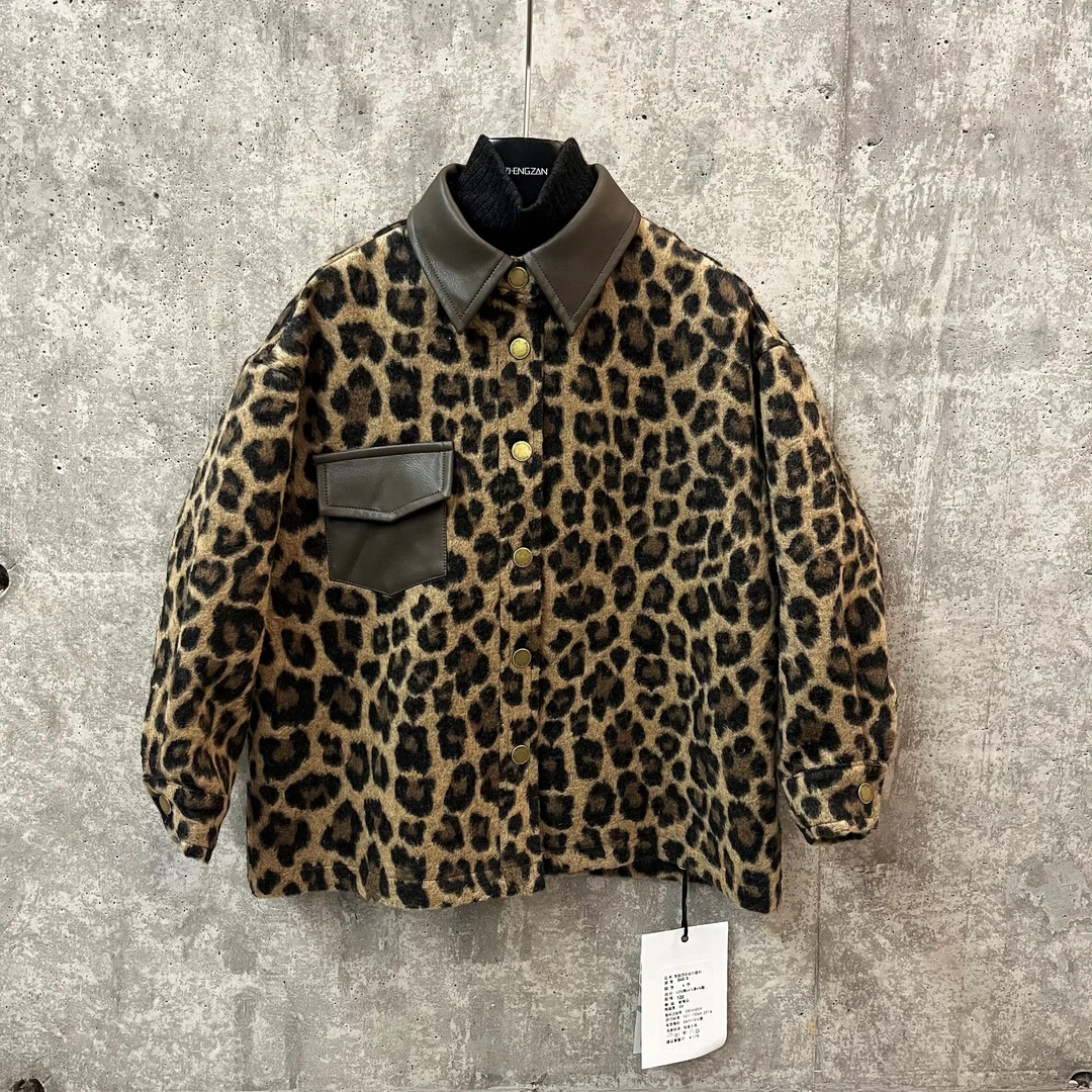 【现货】605 皮质拼接儿童亲子豹纹衬衫外套男童休加厚满印韩版长袖