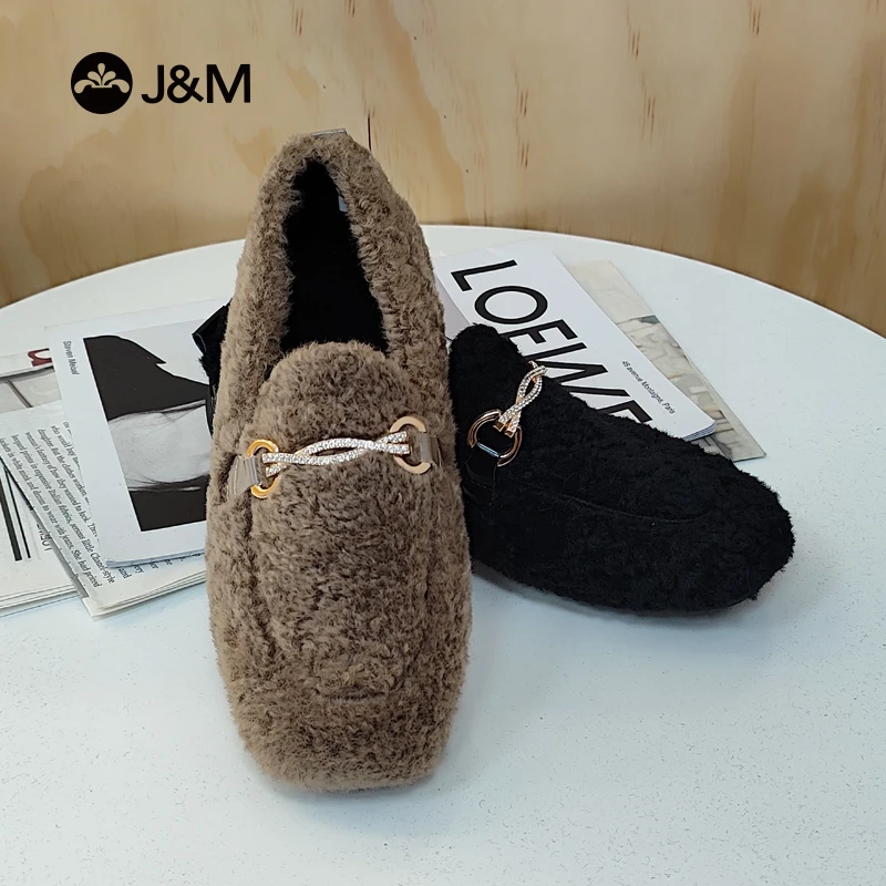 J&M/快乐玛丽时尚加绒平底保暖冬季毛毛鞋舒适百搭毛毛鞋96889W