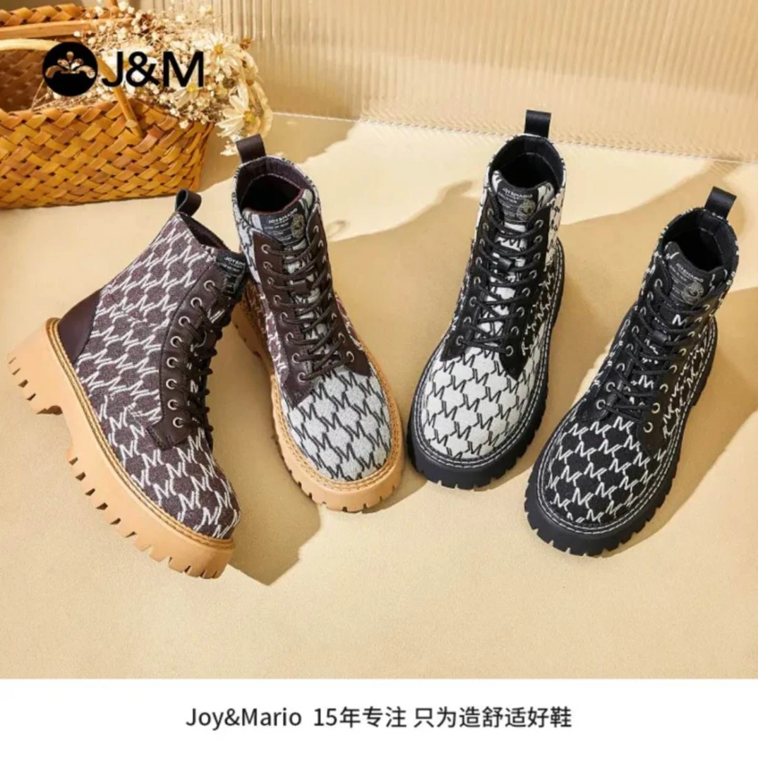 J&M/快乐玛丽2022秋冬网红系带百搭时尚高帮女靴69055W潮流马丁靴