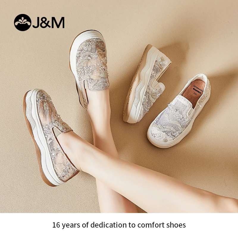 J&M/快乐玛丽春夏温柔气质款一脚蹬女鞋圆头蕾丝透气渔夫鞋87388W