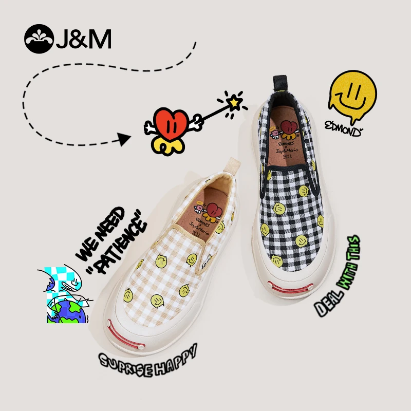 J&M/快乐玛丽休闲布鞋低帮软底棋盘格涂鸦一脚蹬乐福鞋 87208W