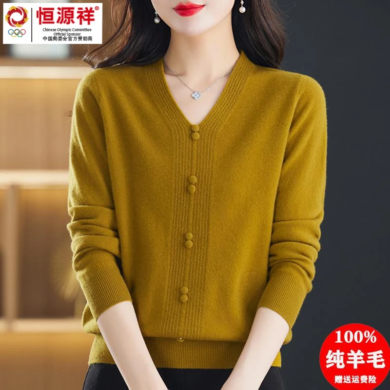 恒源祥彩羊100女V领毛衣秋冬内搭打底衫2023新款妈妈装宽松针织