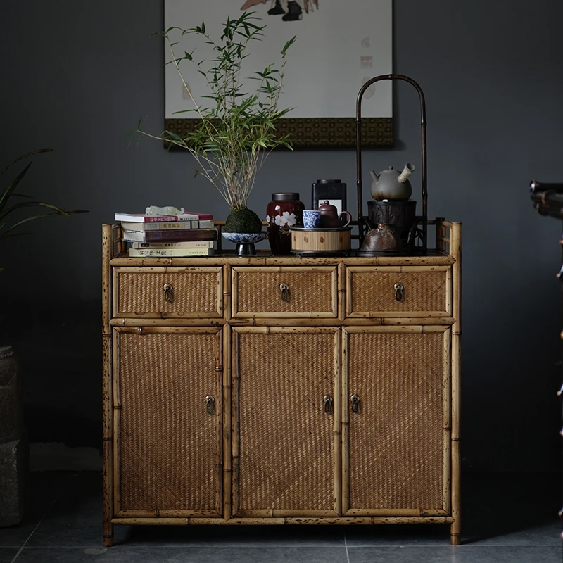 老料梅鹿竹茶柜 古典茶具收纳展示带柜门 落地柜 边柜 明式三联柜