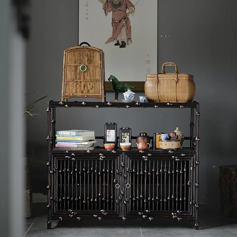 古典手作黑色 筇竹茶柜 茶室茶叶柜餐边柜茶具收纳展示双门置物柜