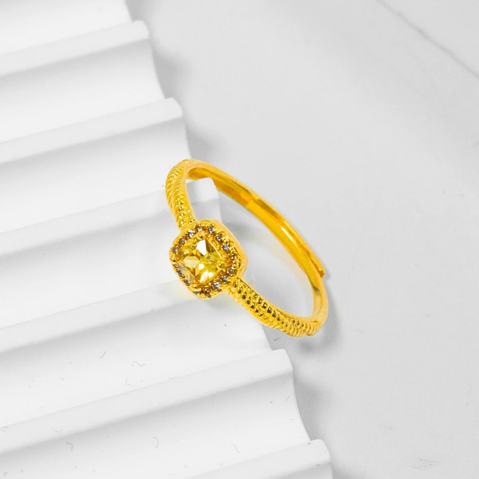 足银戒指 女款气质轻奢 时尚百搭 方糖黄钻戒指  女士镶嵌 可调节