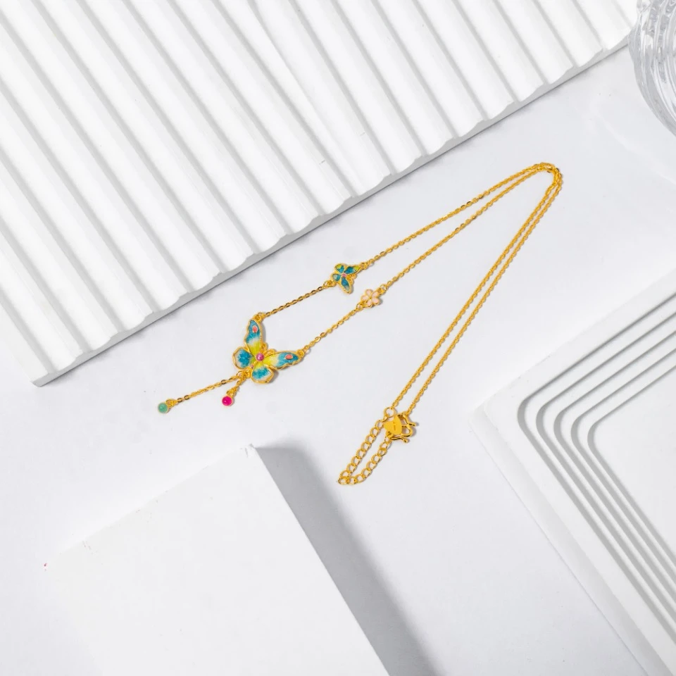 坠链均足银 气质时尚百搭 珐琅彩蝴蝶套链 简约精致 可调节