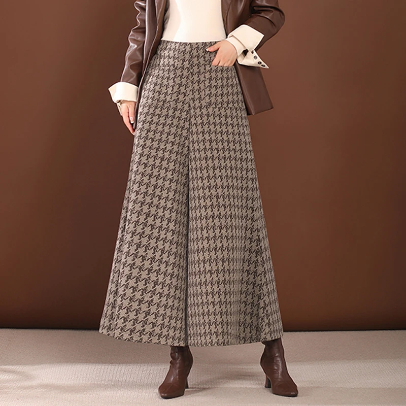 毛呢阔腿裤女甩裤高腰休闲裤新款加厚不加绒秋冬肥腿裤九分大脚裤