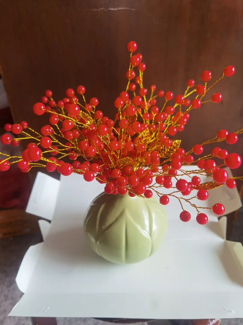 纯手工喜庆红色发财果串珠成品室内摆设摆件不含瓶不褪色幸运果