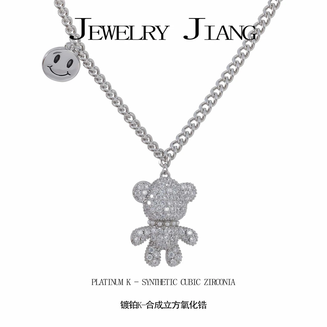 铜合金项链 轻奢满镶小熊笑脸项链  0505