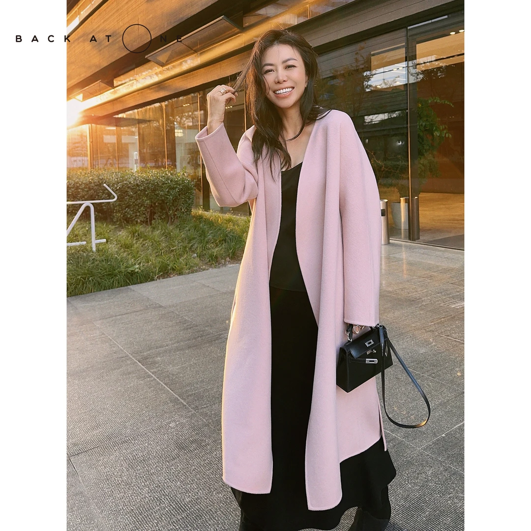BackAtOne “粉玫瑰”纯色时尚无领女神长款战袍大衣 BDF-1BD098E-K