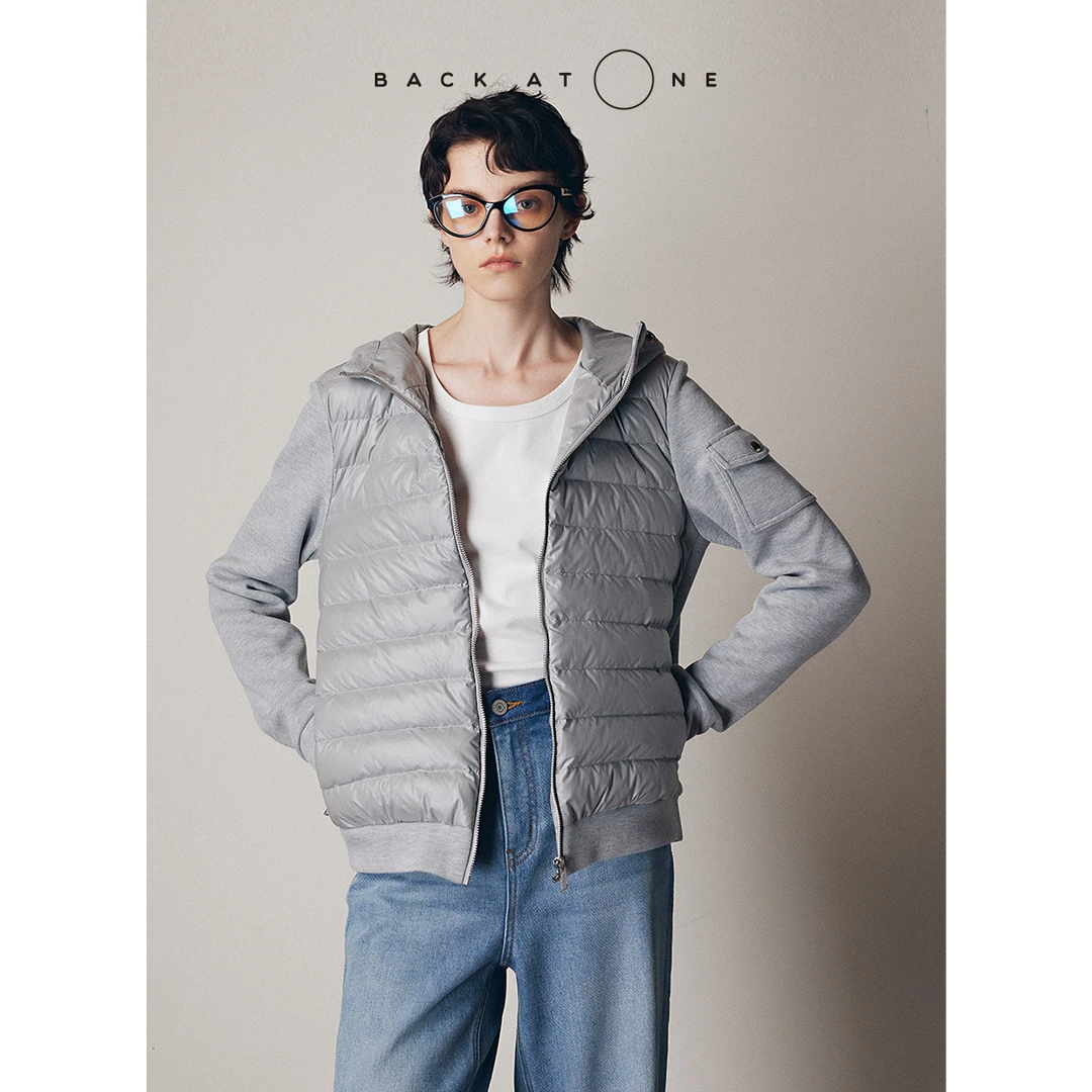 BackAtOne“奢调拼接”   时髦爱家灰色连帽羽绒外套 BEF-1BC296K-K