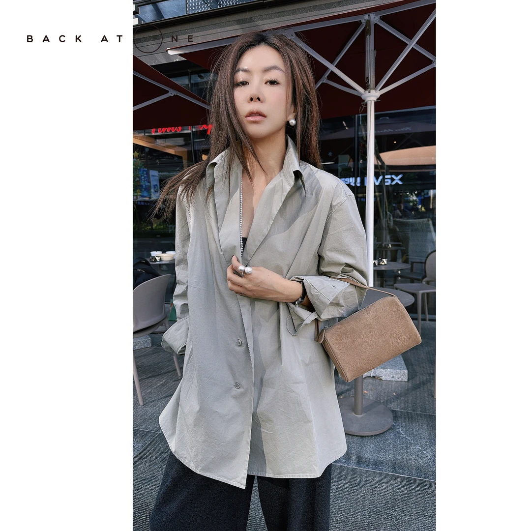 BackAtOne “飒美氛围”时尚帅气灰绿色折纸领衬衫 BDF-1BB011L-J