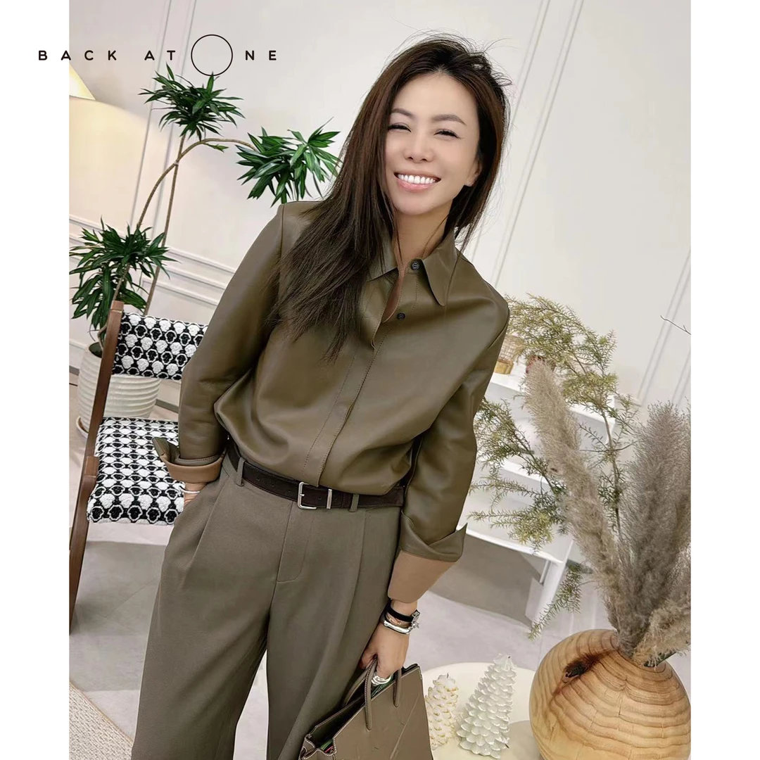 BackAtOne  “摩卡醇韵”显瘦橄榄绿真皮绵羊皮衬衫 B3AW-F004-K