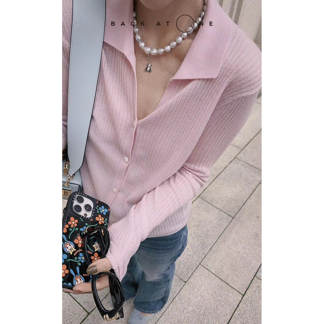 BackAtOne "柔糯仙桃"水溶羊毛polo领粉色针织开衫 BEF-1AB021C-K