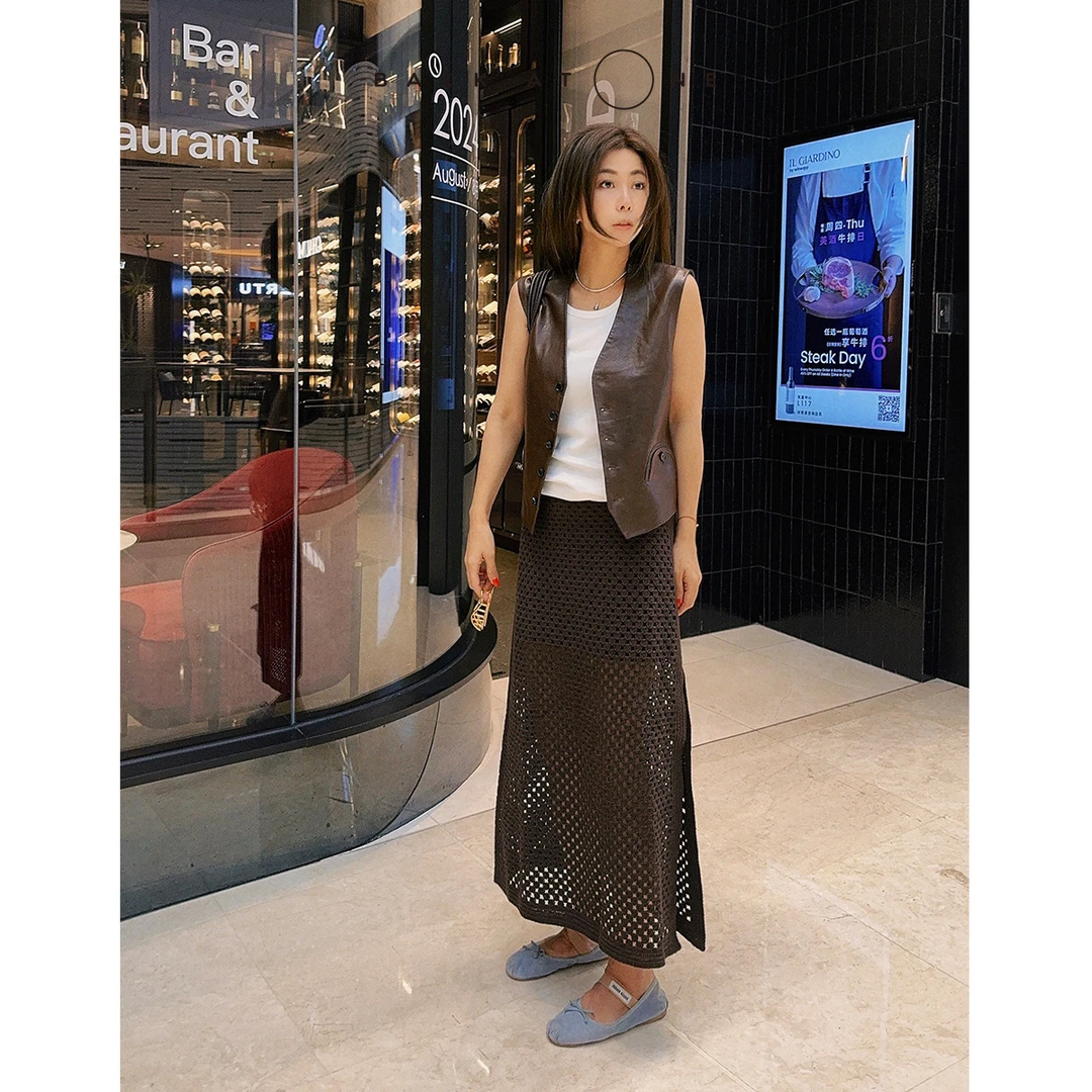 BackAtOne“浪漫循环” 休闲钩编网花咖色镂空半身裙 BES-2AH153H-K