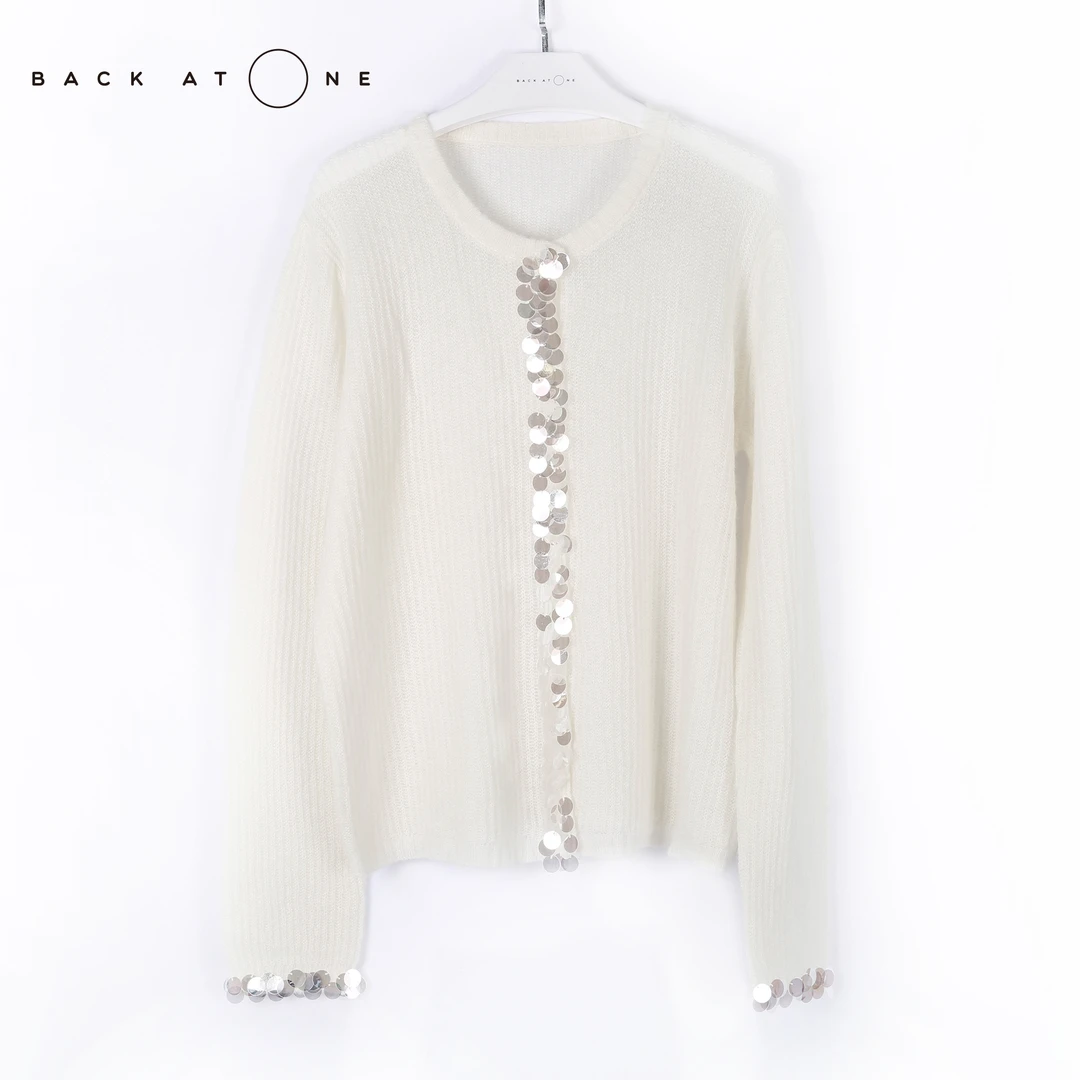 BackAtOne  “流光蔓延”手工订珠白色长袖针织衫开衫  B3SS-B251-K