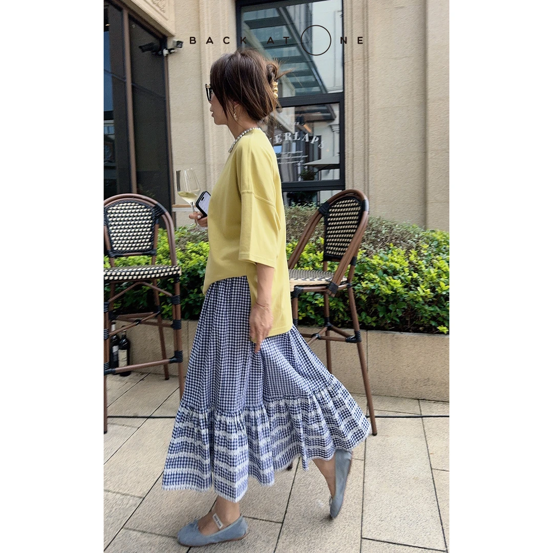 BackAtOne “蓝格花语”  收褶蓝色格子松紧腰半身裙 BES-2BH336E-K