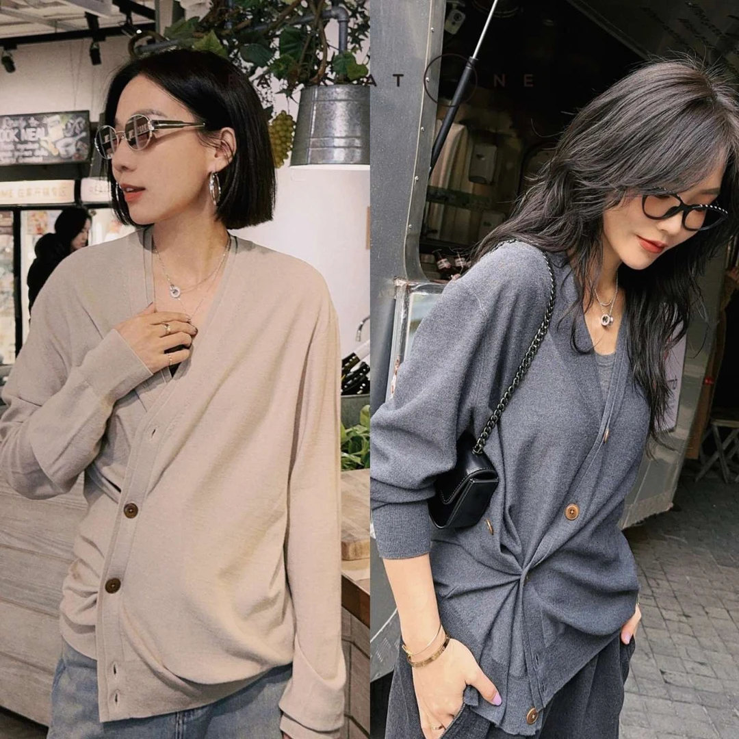 BackAtOne  “暮色清柔”深灰色廓形长袖V领开衫 BDF-1AB003H-C