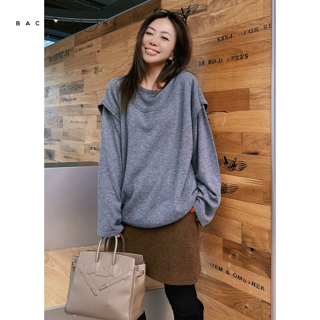 BackAtOne “法式生活” LO*WE灰色假两件廓形针织衫 BDF-1AB080H-K