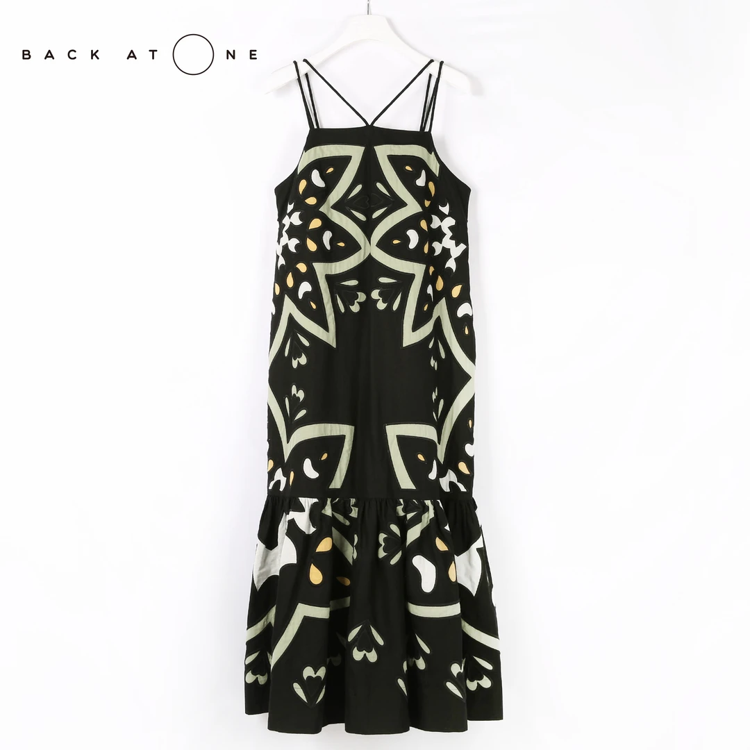 BackAtOne “夏岛风情”时尚绣花对称长裙吊带连衣裙女 B3SS-F041-K
