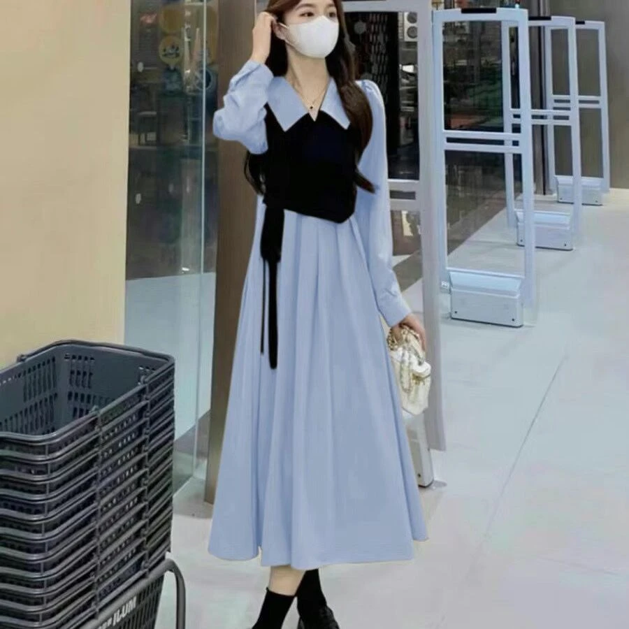 早秋季蓝色长袖衬衫连衣裙子女2024新款超好看韩系小个子穿搭长裙