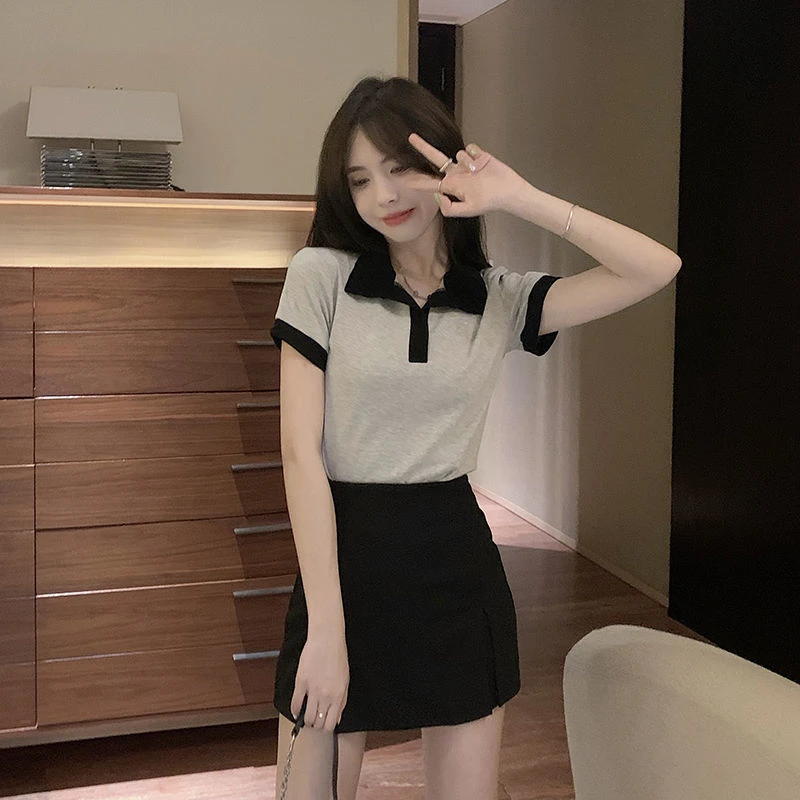 套装时尚韩版V领短袖polo领显瘦上衣+开叉裙裤两件套