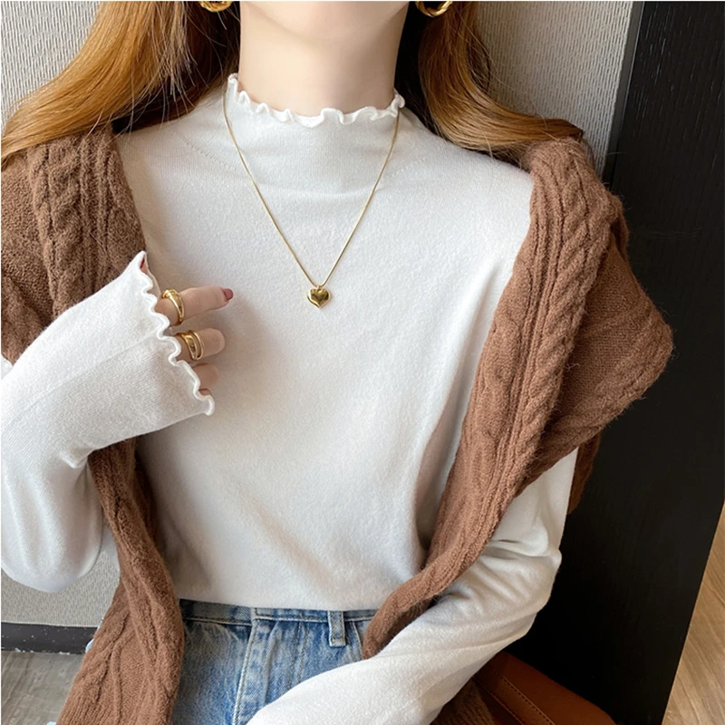 半高领打底衫女春秋冬内搭2024年秋季新款毛衣木耳边针织上衣