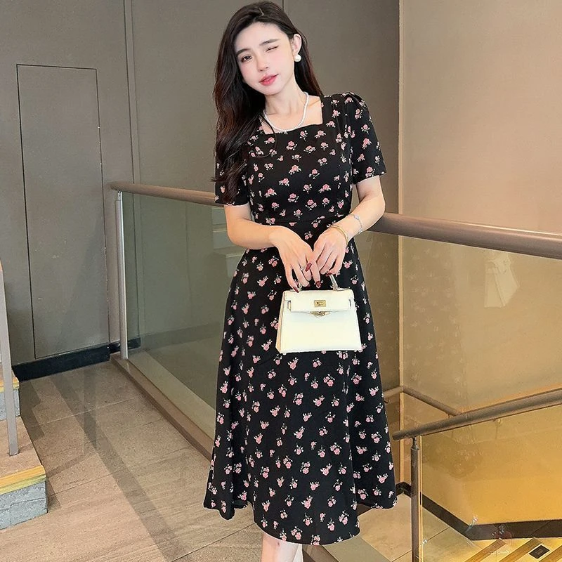 连衣裙夏季法式碎花裙新款显瘦方领系带收腰赫本风裙子气质小清新
