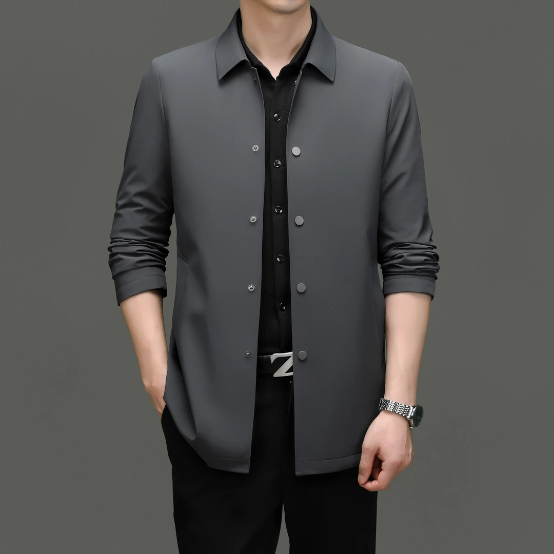 圣努尔男士风衣高档轻奢翻领无痕压胶薄外套商务休闲中长款风衣