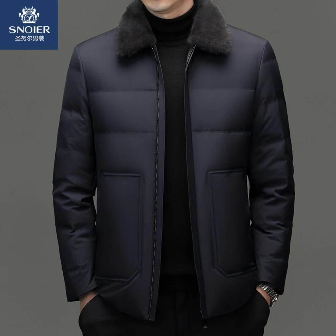 圣努尔兔毛尼克服男士高端商务中年水貂领兔毛内胆鹅绒羽绒服外套