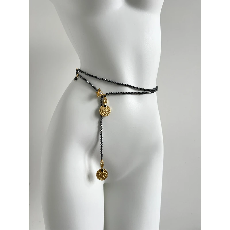 MusesEarth尼罗河腰链 毛衣链长项链黑色水晶腰带腰封配饰