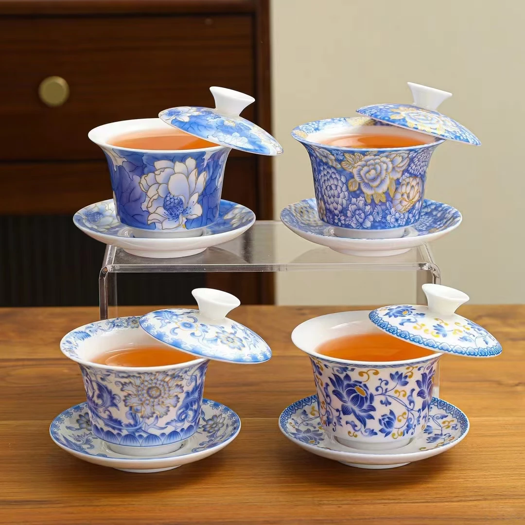 悬停盖碗旋转陶瓷高温釉中青花满彩茶具泡茶碗三才单个喝茶杯