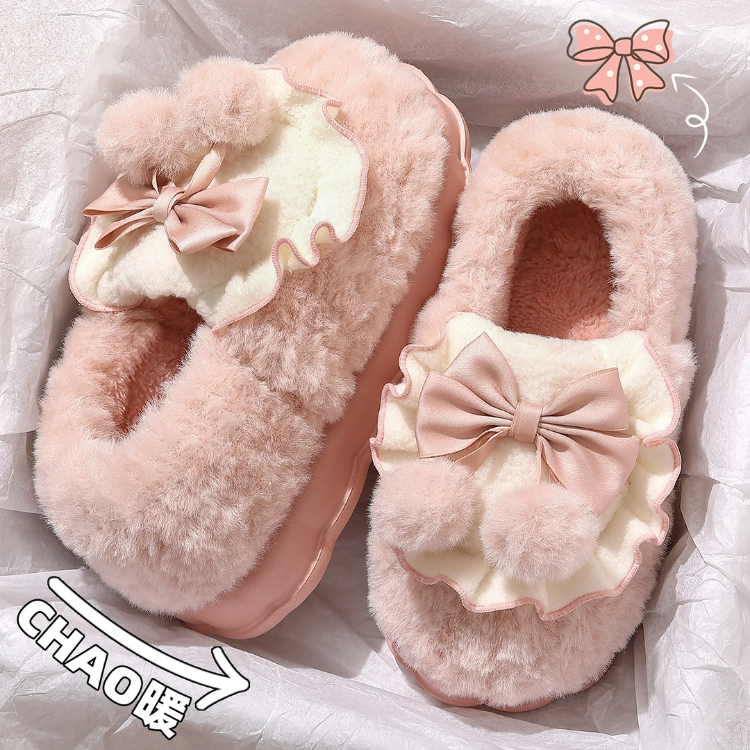 猫力 甜美蝴蝶结女款包跟棉拖鞋冬天家居厚毛绒保暖舒适防滑棉鞋
