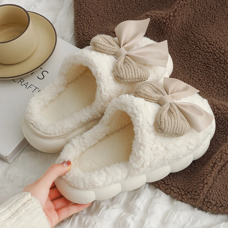 网红蝴蝶结棉拖鞋女款冬天厚底防滑加厚加绒毛拖鞋少女心女士冬季