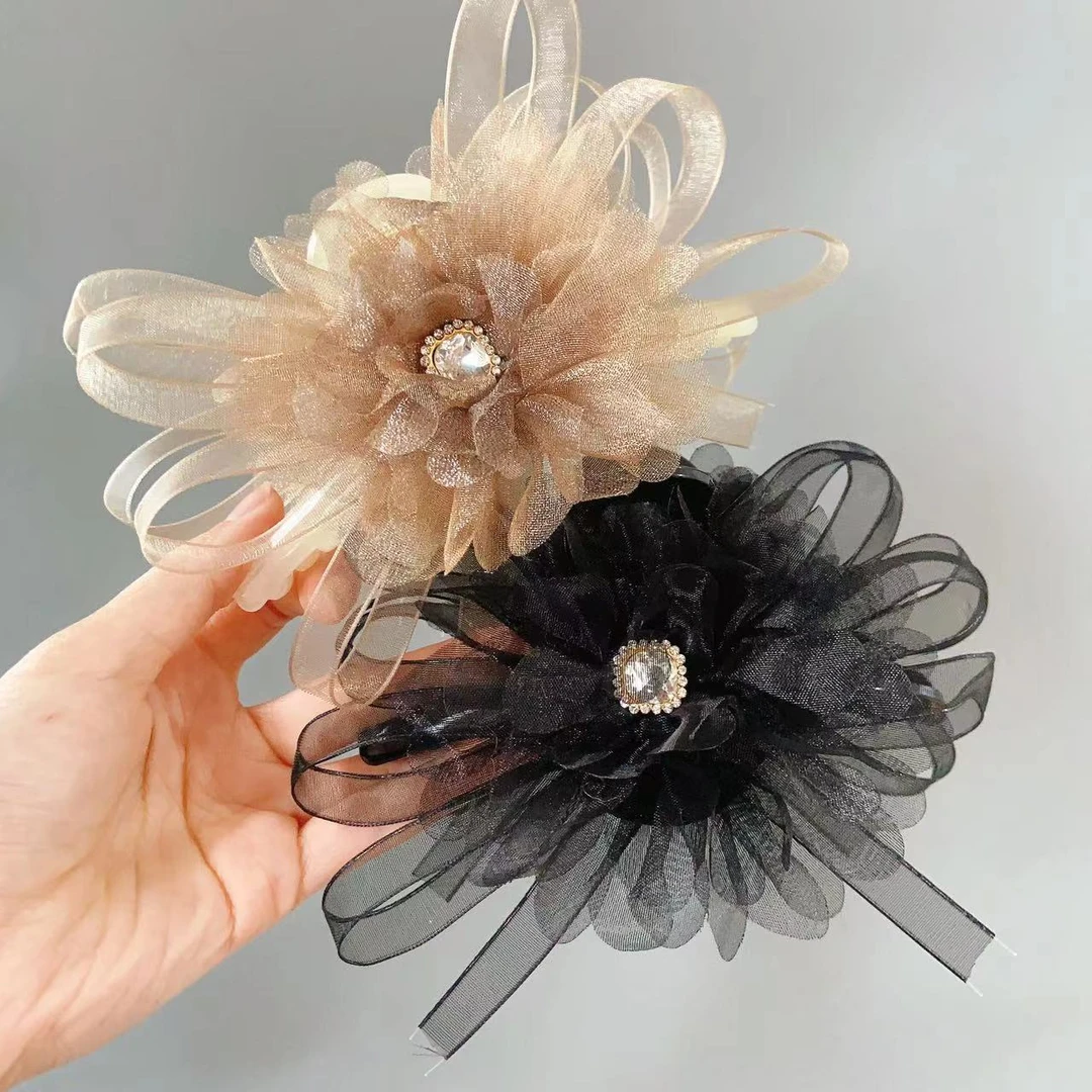 超仙轻奢韩版满钻牡丹花抓夹网红爆款欧根纱气质后脑勺抓夹