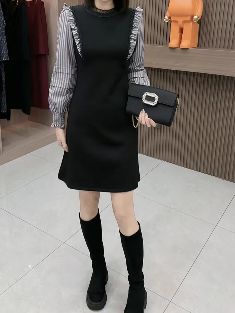 韩版条纹拼接木耳边假两件女装连衣裙时尚洋气轻奢减龄休闲A字裙