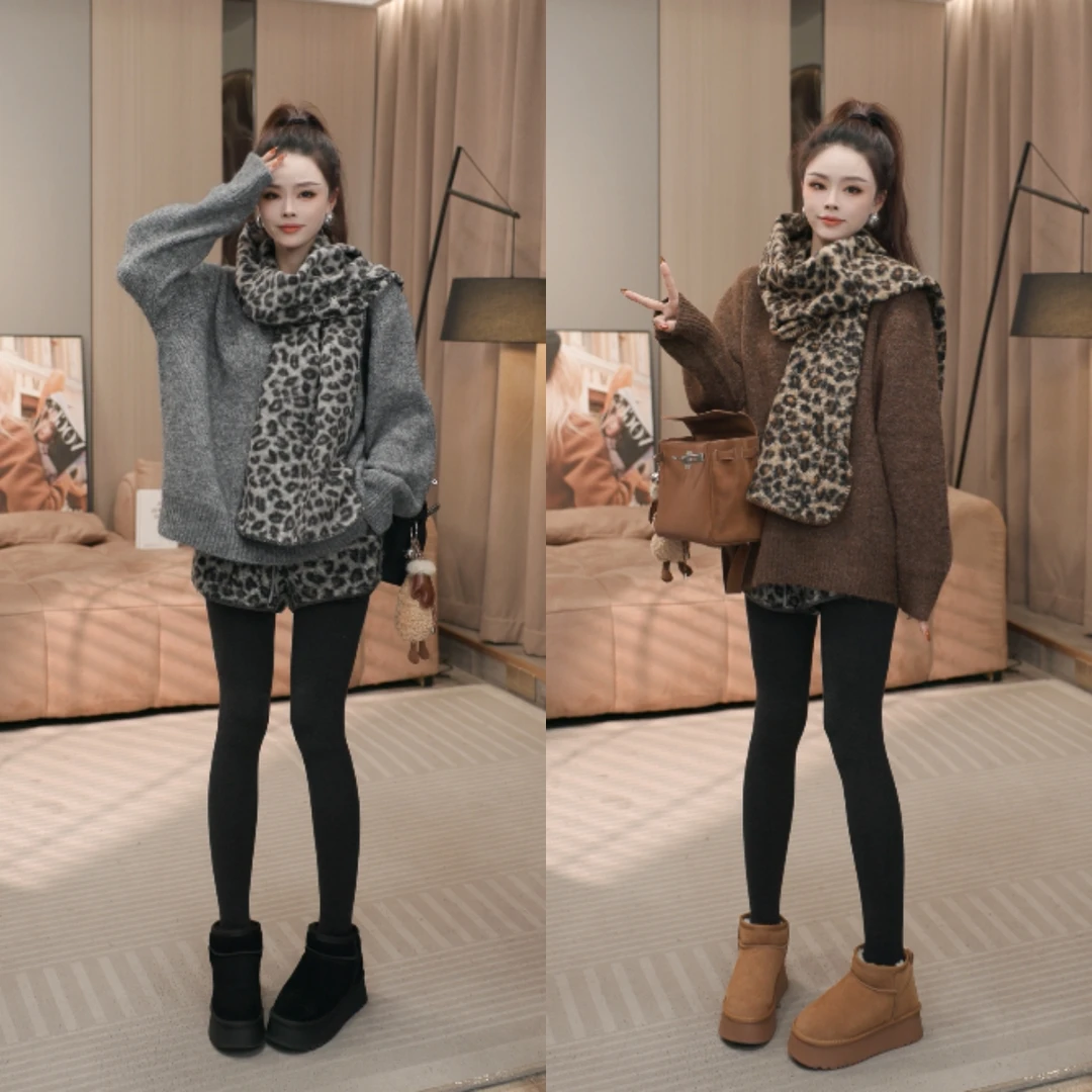 【晓溪服饰】冬装上新韩版披肩时尚保暖豹纹外搭围巾针织上衣5111