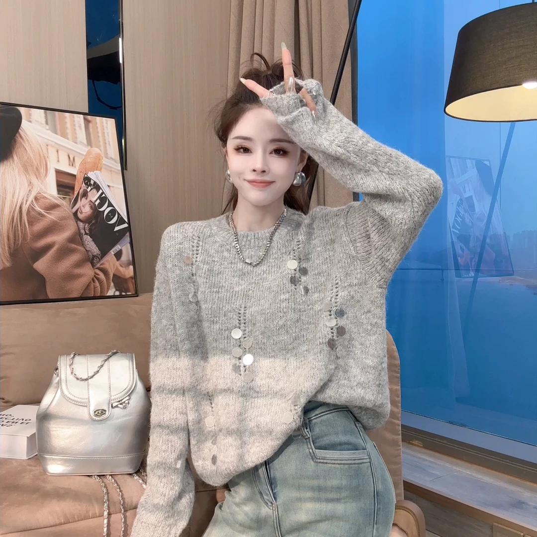 【晓溪服饰】秋冬新款独特别致宽松慵懒风针织衫亮片针织毛衣女3533