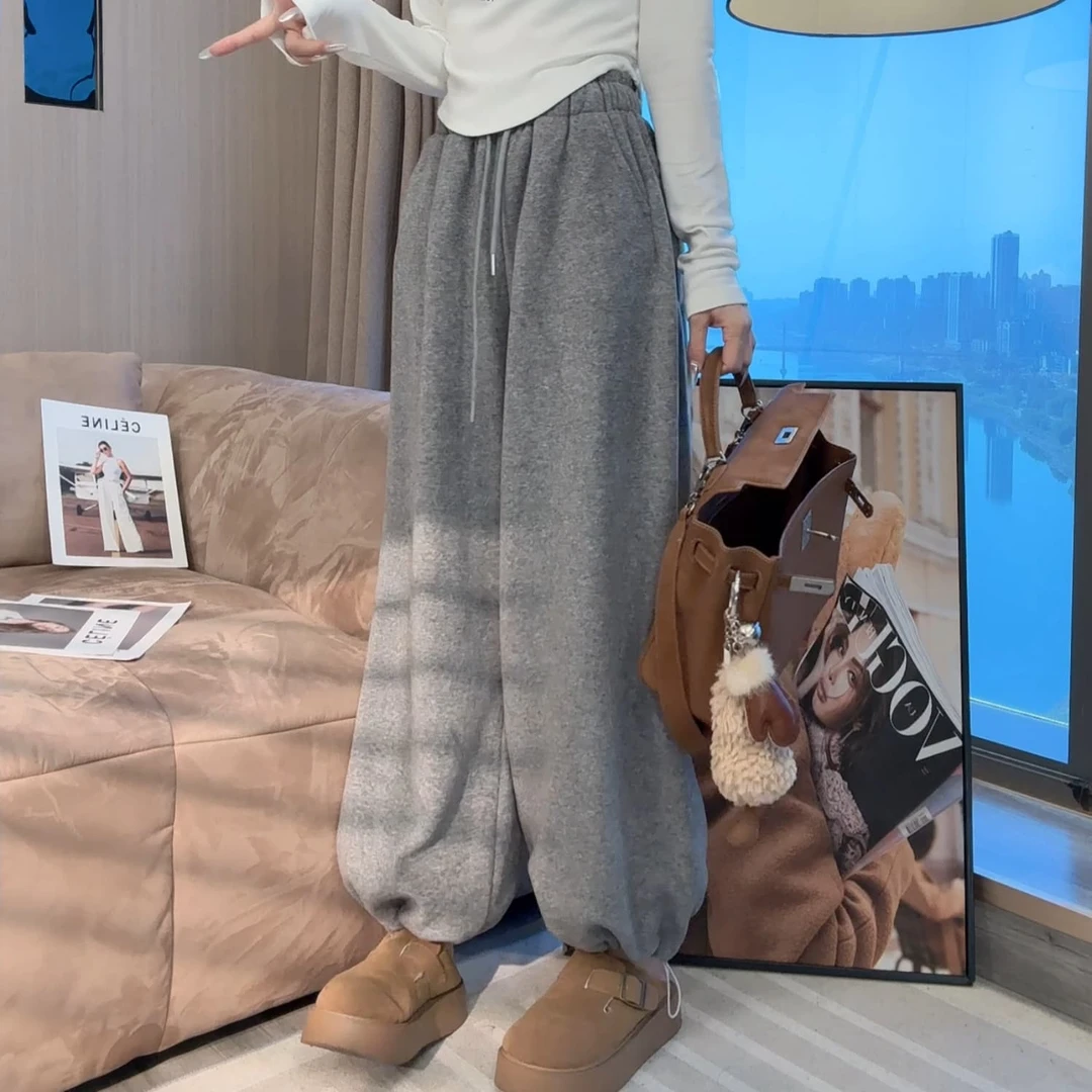 【晓溪服饰】简约风高腰灰色束脚长裤女小个子宽松显瘦直筒卫裤3799