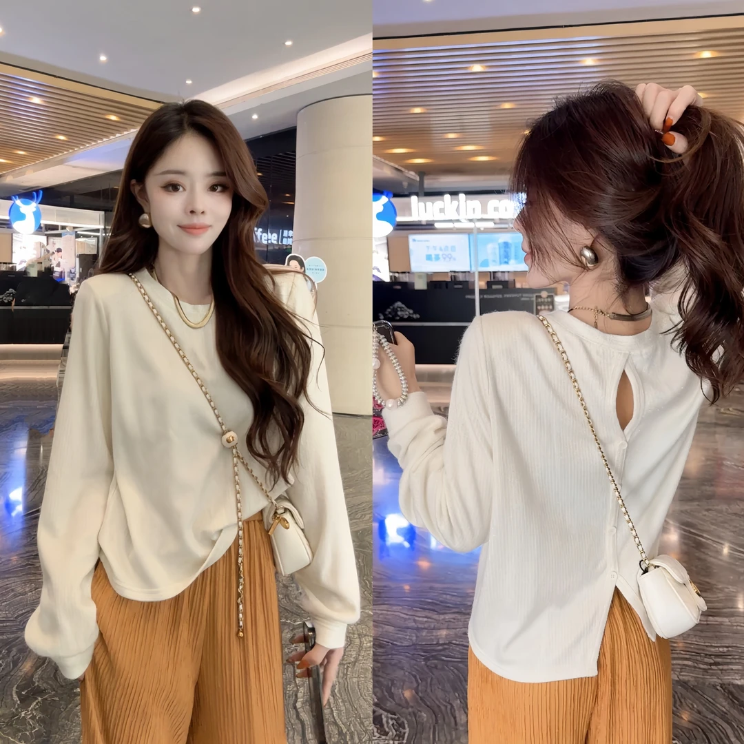 【晓溪服饰】2024秋季新款法式设计感长袖上衣后背镂空针织上衣2395