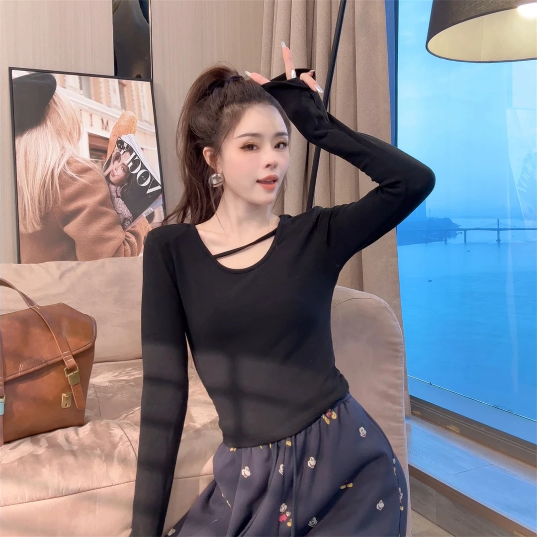 【晓溪服饰】冬季新款低领打底衫女内搭长袖修身设计感别致t恤3666