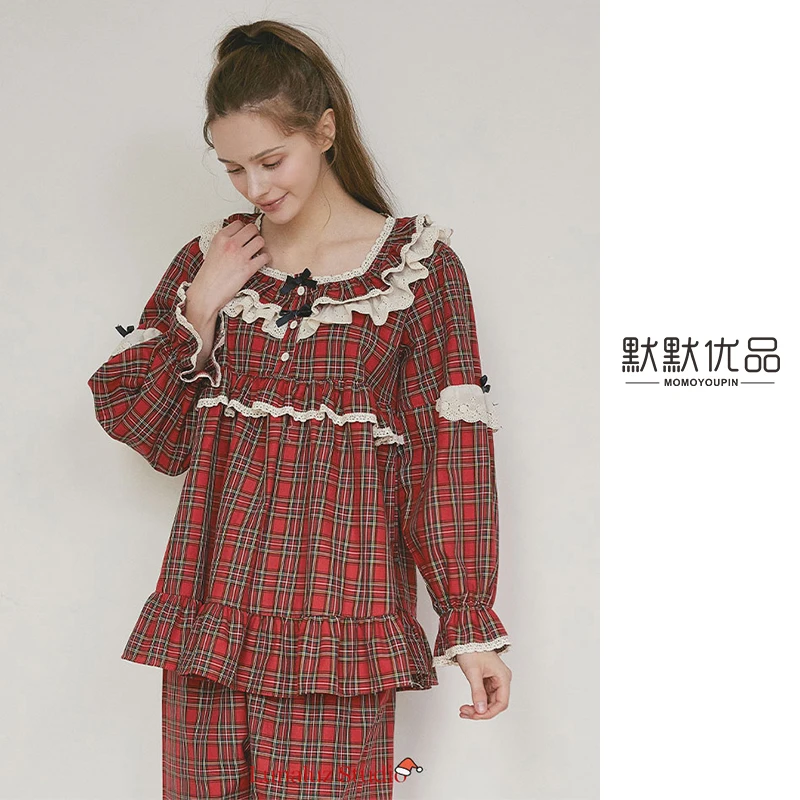 红色格子/LUNALUZ睡衣女/布艺舒适休闲家居套装女