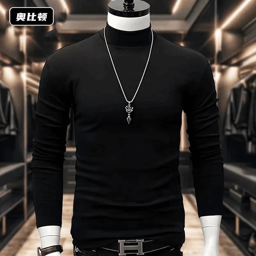 半高领打底衫长袖上衣男士秋冬韩版修身潮流内搭双面德绒体恤ins