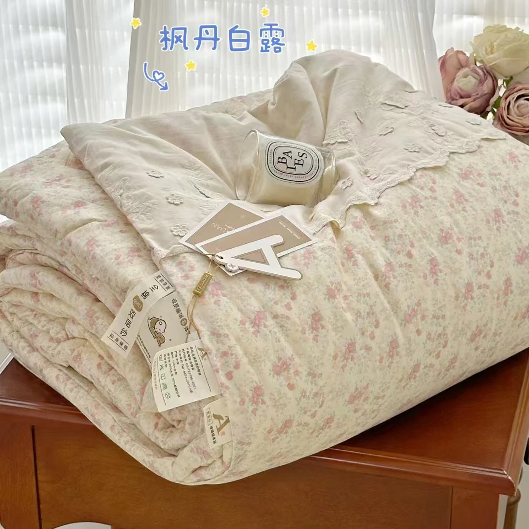 母婴A类法式花边款全棉双层纱春秋被 纯棉一体被芯可机洗水洗冬被