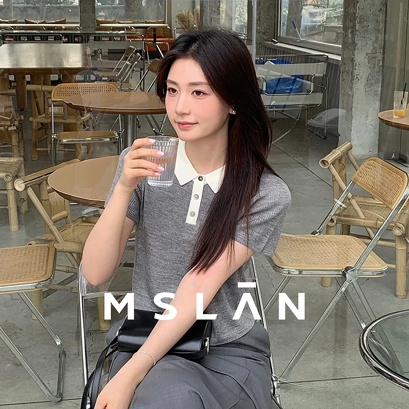 MSLAN商场同款新款格雷系时尚气质撞色polo领短T恤上衣女 MGBN400