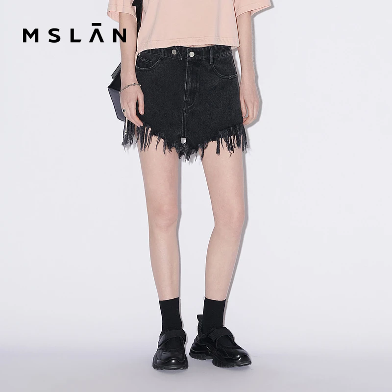 MSLAN商场同款个性不规则磨破设计水洗牛仔短裤女 MFBN7001