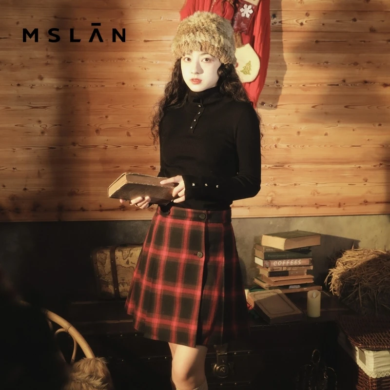 MSLAN【商场博主同款】冬季新款时尚格纹复古时髦女半裙女 MECN8103