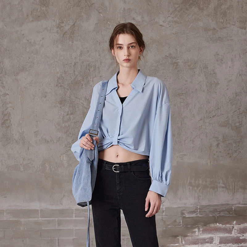 MSLAN【格雷系】【蓝调栀晓】褶皱时尚截短设计感衬衫MFCN003